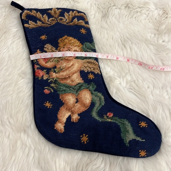 Vintage Needlepoint Stocking Cherub Angel Navy Blue Velour Christmas Wool - Picture 6 of 7